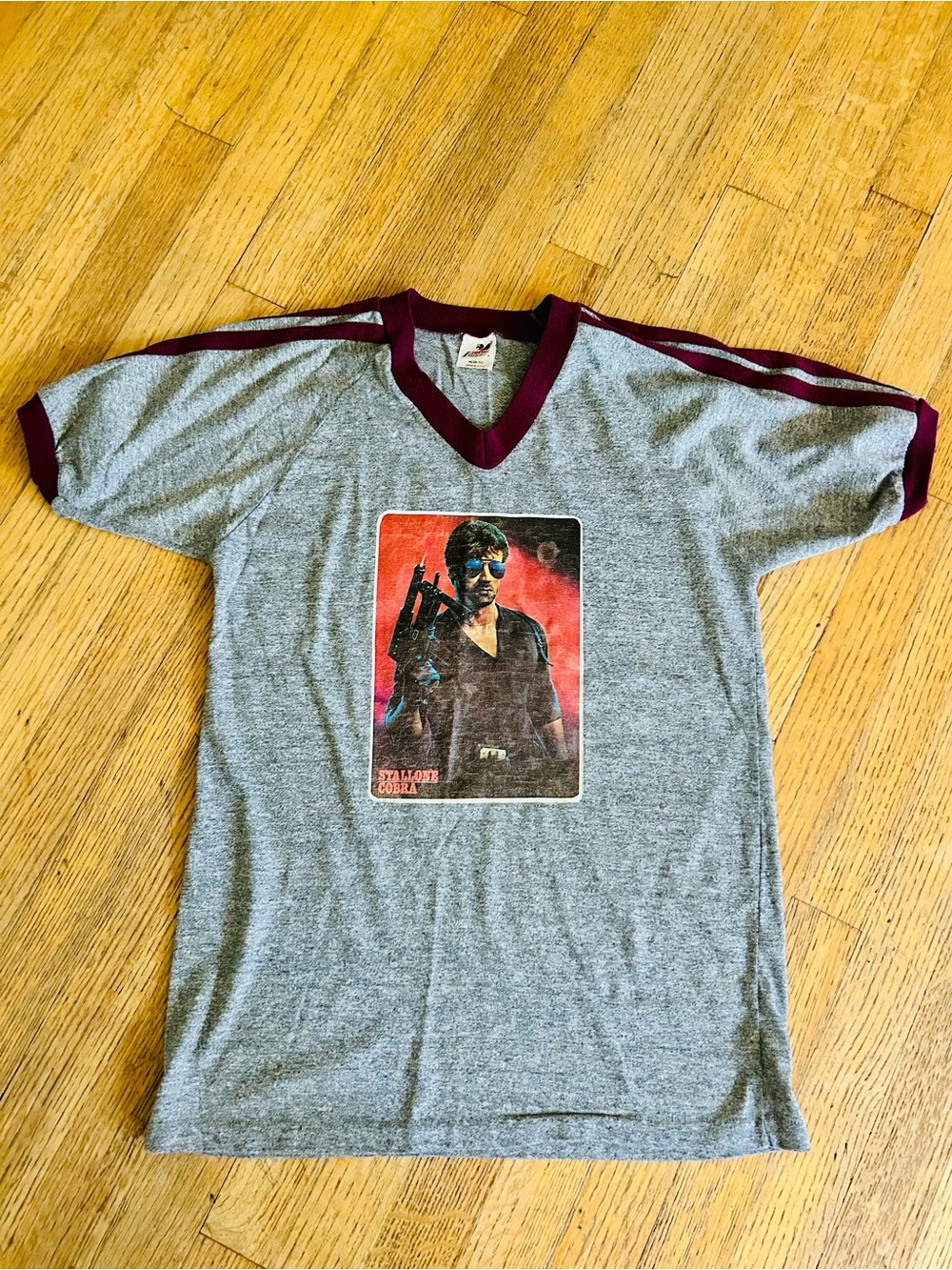 Vntg Gray Maroon Stripes Stallone Cobra 1986 Raglan Bantam Tshirt M 38-40 Small